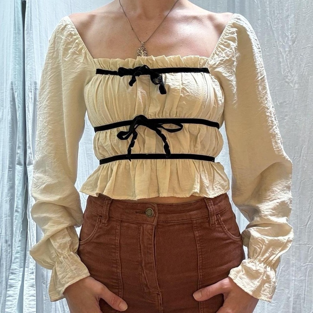 Cream off the shoulder blouse with black ribbon detailing ruffles XS‎ milkmaid